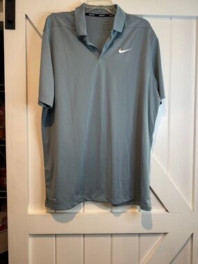 Nike Men’s Grey-Blue Dri-FIT Polo with White Swoosh